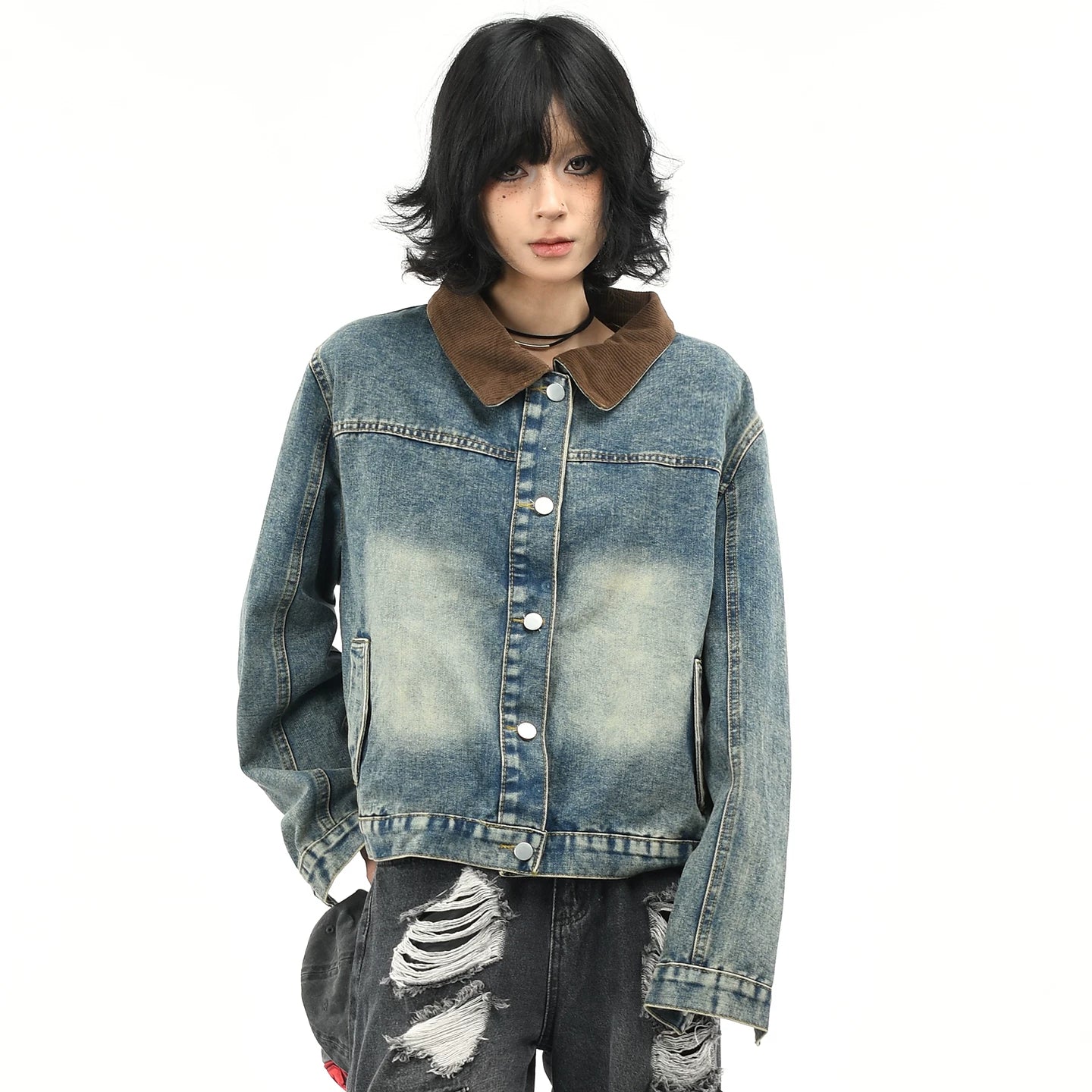 OV original American retro patchwork washed denim jacket for women in autumn, stylish and straight shoulder short loose jacket
