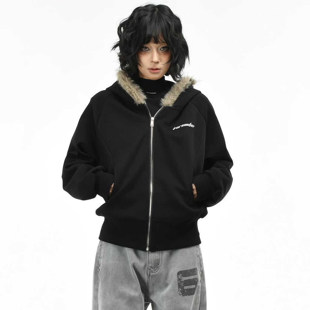 OV original American retro fur collar design zipper jacket women's autumn loose casual short cardigan hooded sweatshirt