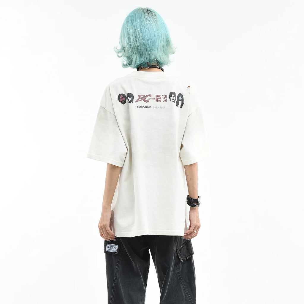 OV Original/American Graffiti Style Dirty Stained Vintage Short sleeved T-shirt for Women in Summer, Loose Round Neck, Trendy Cool, Piercing Top for Men