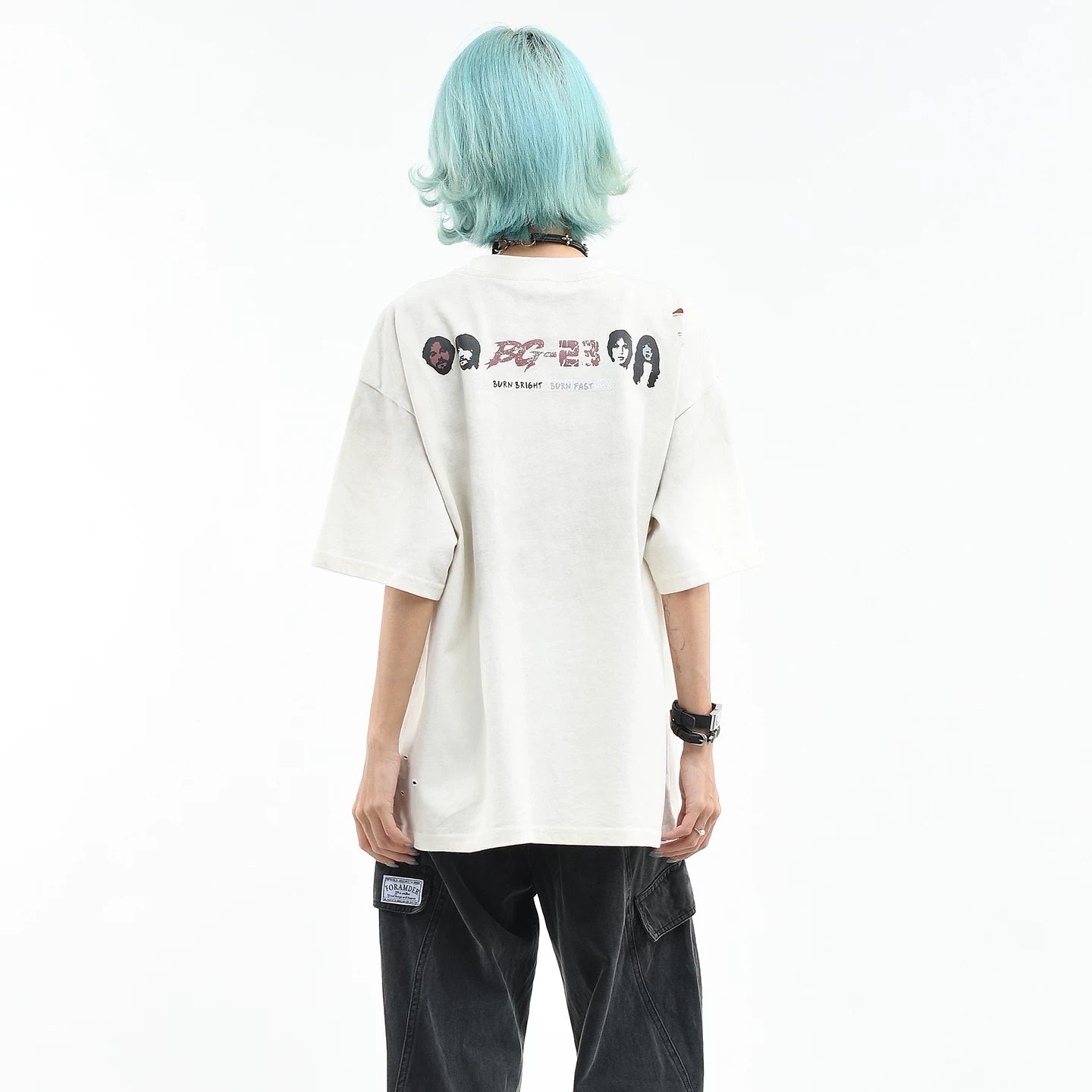 OV Original/American Graffiti Style Dirty Stained Vintage Short sleeved T-shirt for Women in Summer, Loose Round Neck, Trendy Cool, Piercing Top for Men