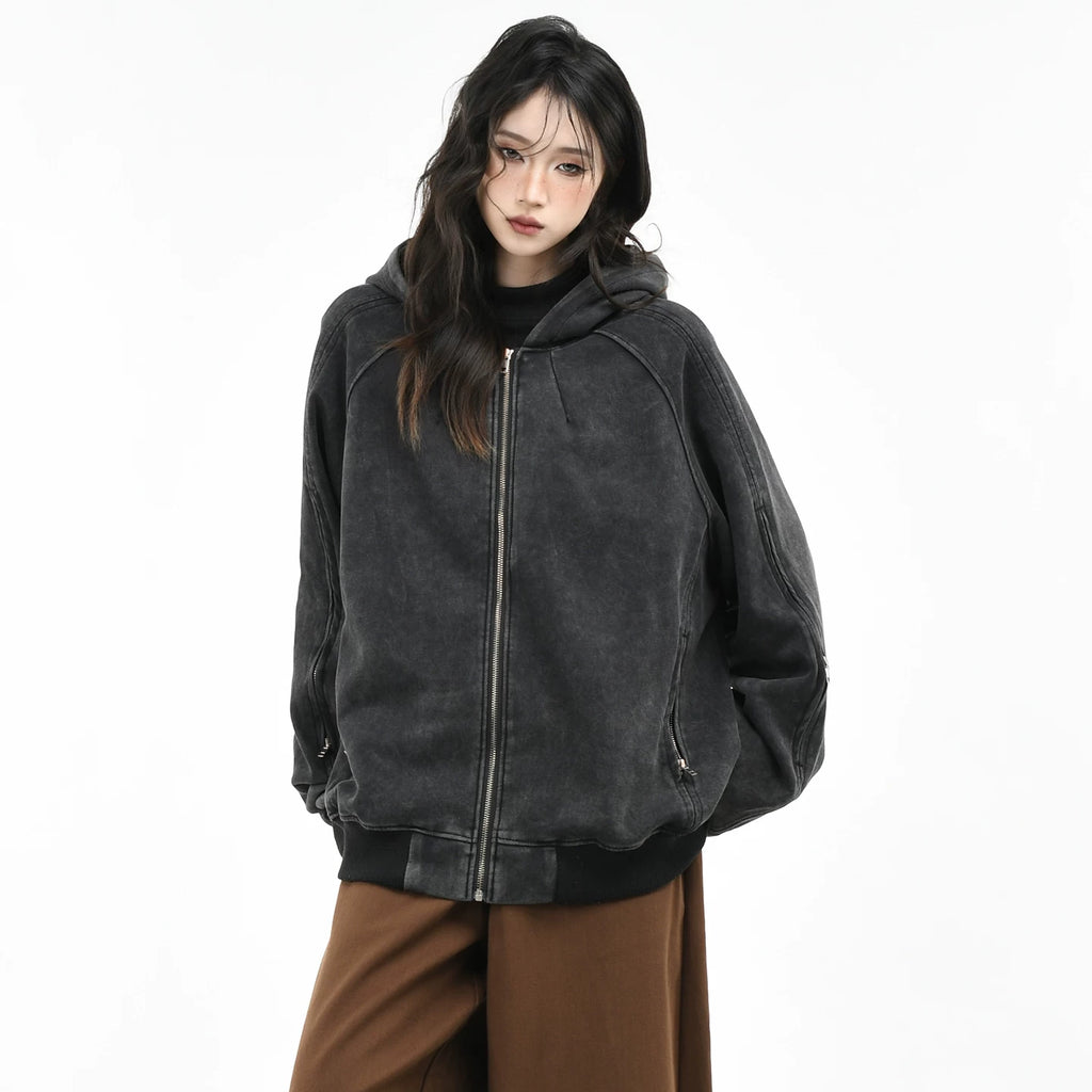 OV original American retro washed vintage hooded cardigan sweatshirt women's autumn silhouette loose casual jacket men's trend