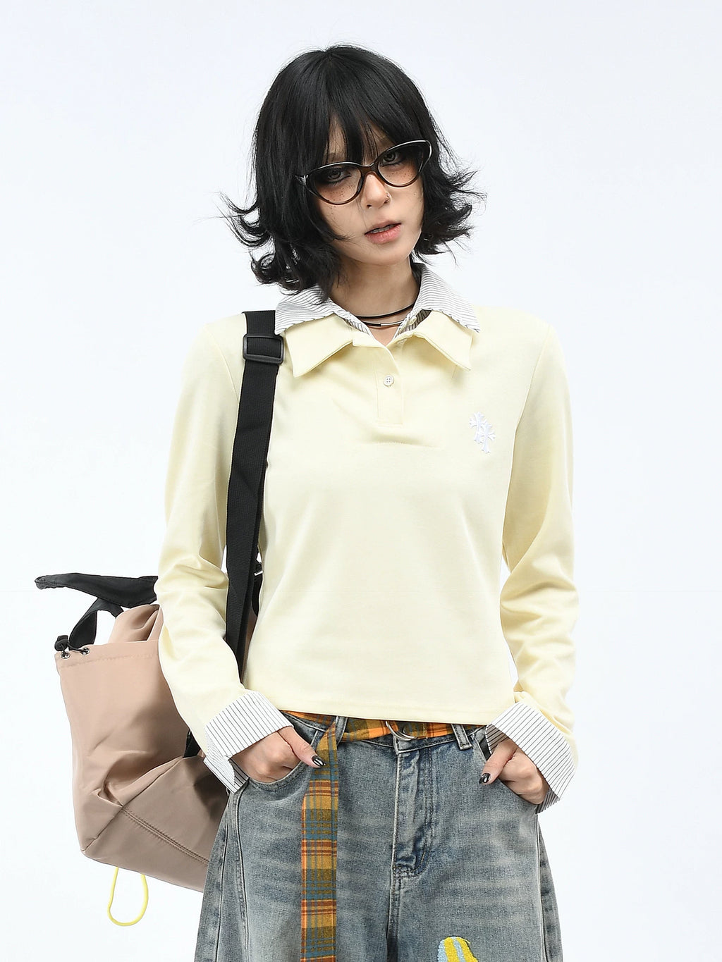 OV Original/American College Style Vacation Two POLO Collar Long Sleeve T-shirt for Women Autumn Short Shoulder Casual Top Trendy