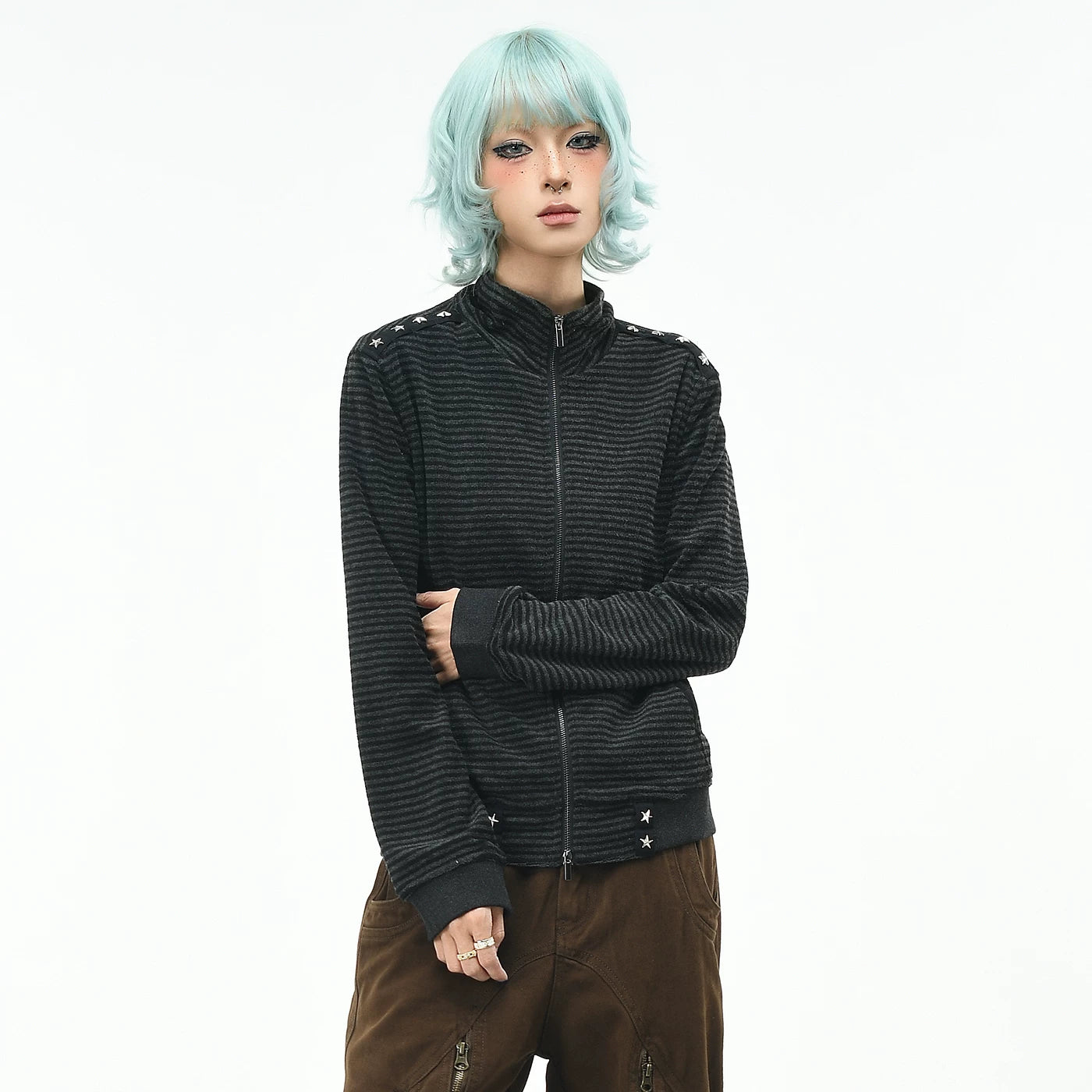 OV original light Asian punk style black gray striped stand up collar cardigan sweatshirt for women in autumn, rivet slim fit short jacket trend