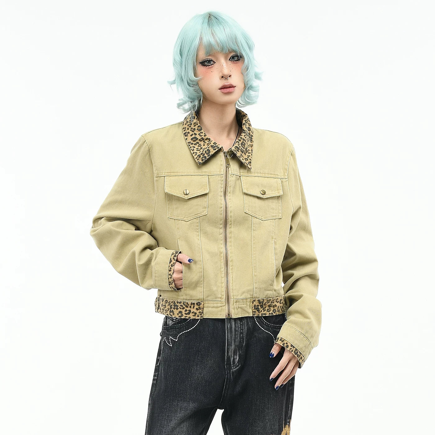 OV original American leopard print patchwork multi pocket workwear jacket for women's autumn fashion brand short retro lapel jacket trend