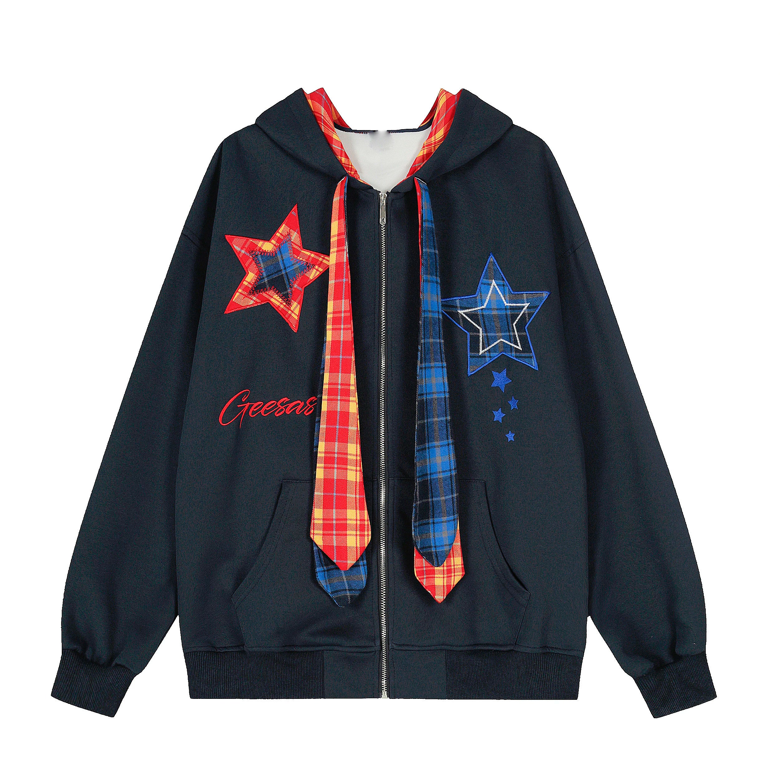 OV original American retro plaid embroidered hooded sweatshirt for women, autumn loose tie design, cardigan jacket for men