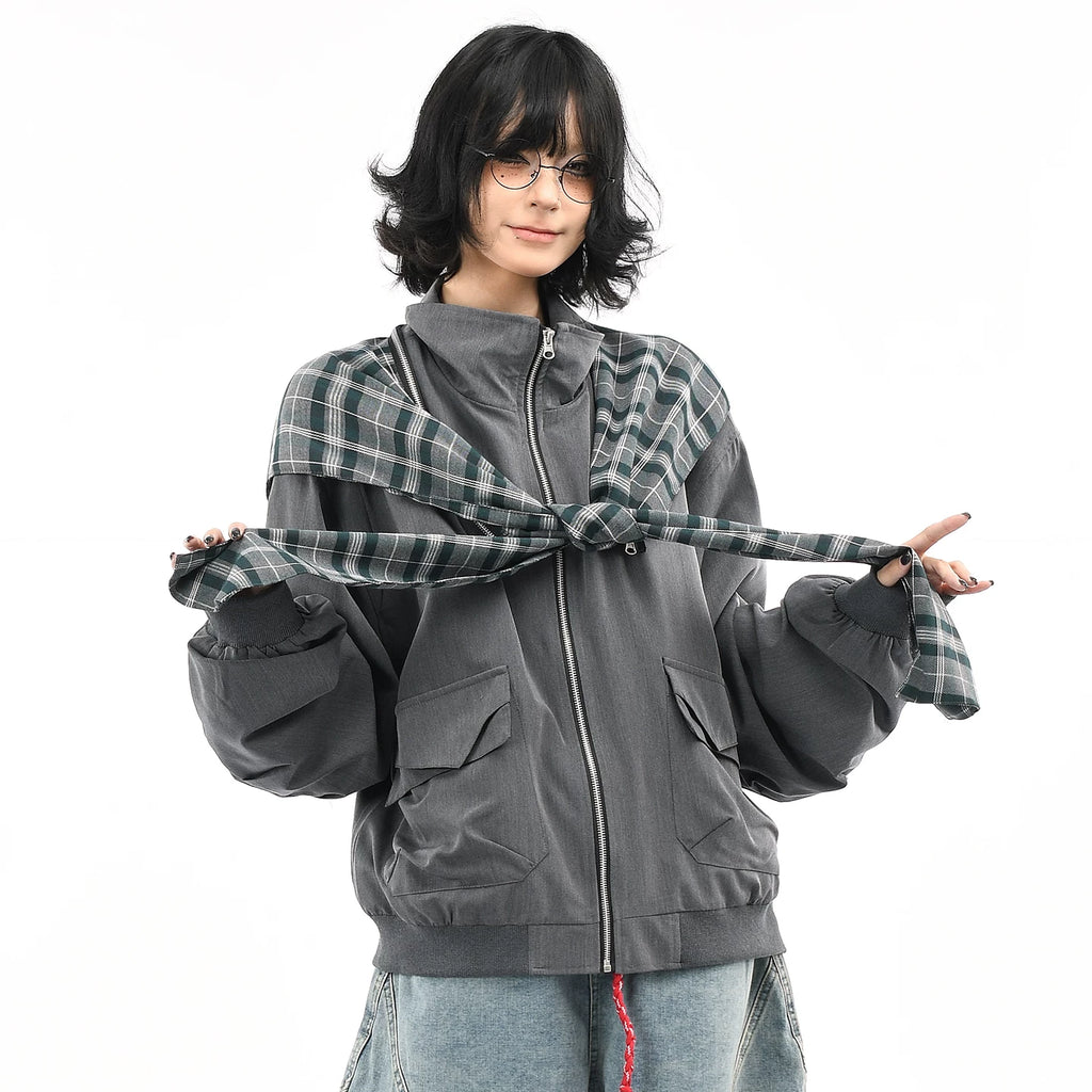 OV original American retro plaid shawl detachable design jacket for men and women autumn loose shaped hat jacket trend