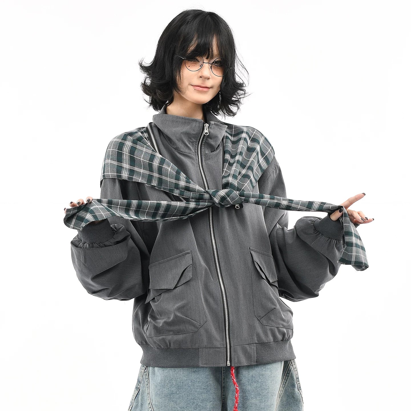 OV original American retro plaid shawl detachable design jacket for men and women autumn loose shaped hat jacket trend