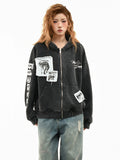 OV original American style patchwork embroidery distressed washed hooded sweatshirt women's spring street loose cardigan jacket men's trend