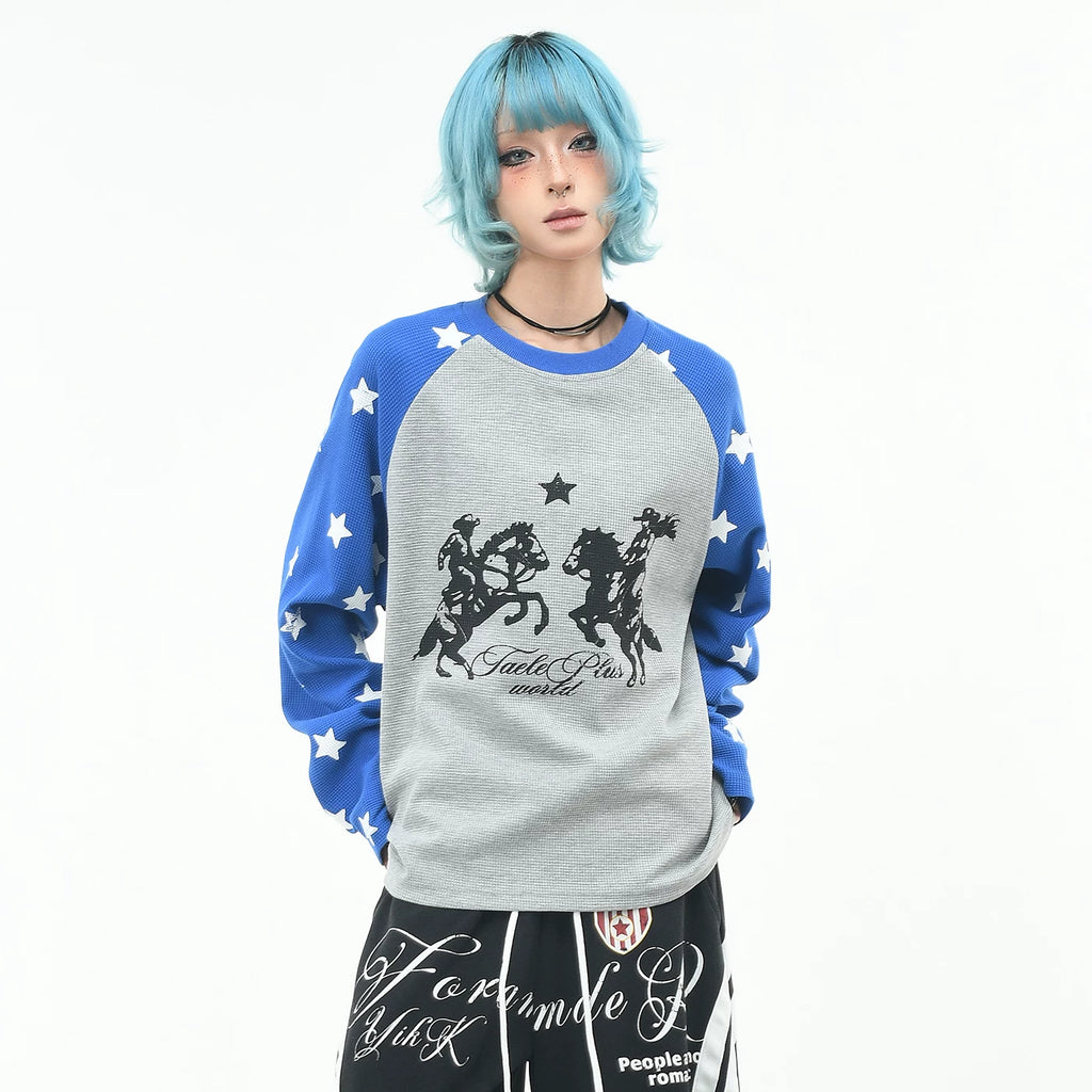 OV Original/Retro Star Full Print Shoulder Sleeve Contrast Long Sleeve T-shirt for Men and Women Autumn Loose Waffle Top Trendy