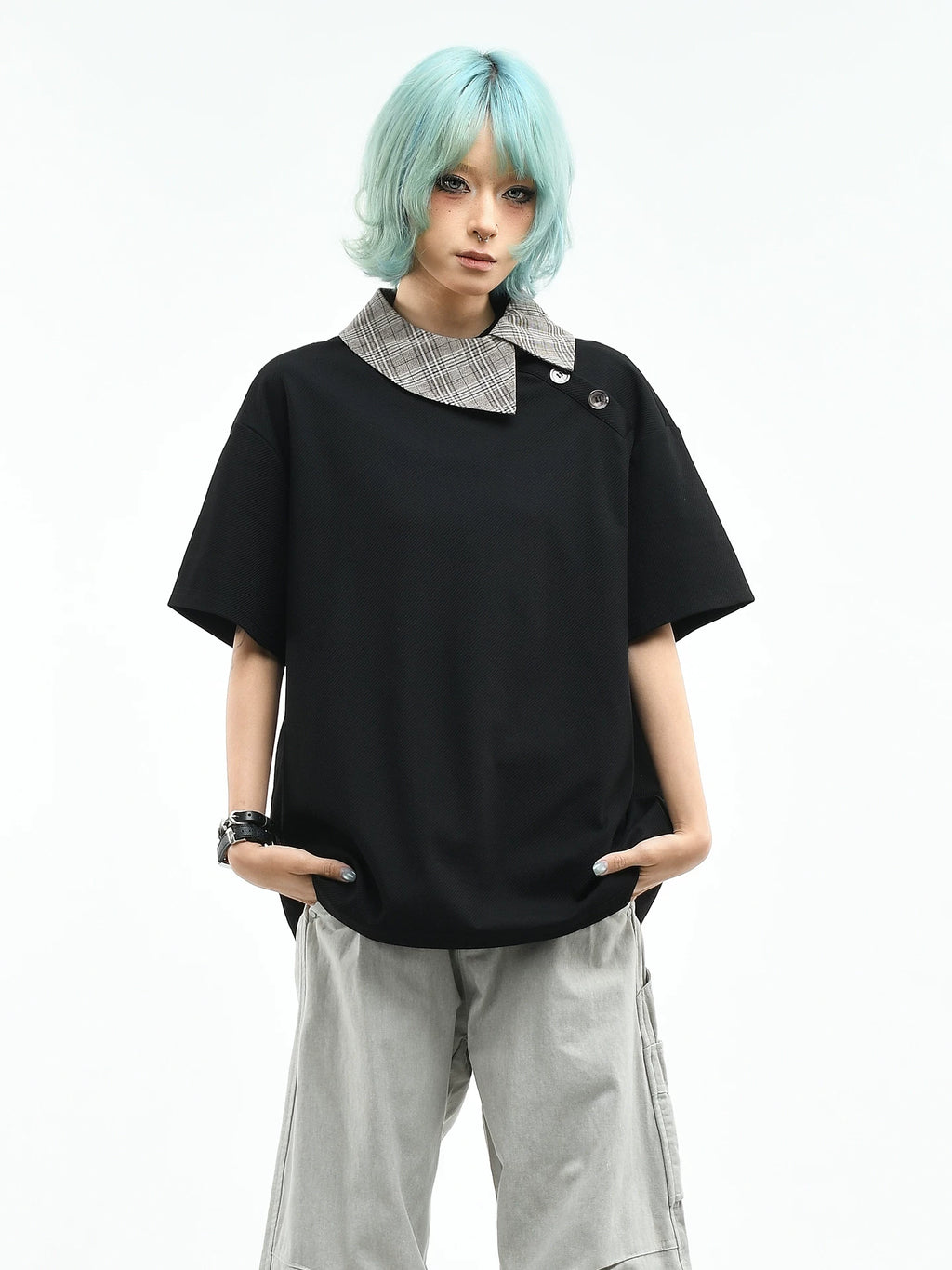 OV original/American slanted placket design short sleeved polo shirt for women in summer, loose and luxurious, contrasting color collar T-shirt for men