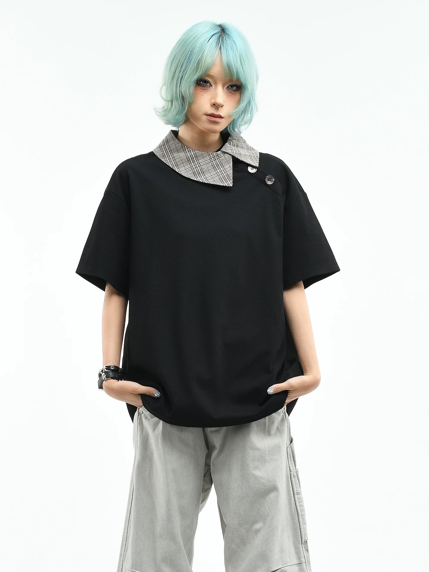OV original/American slanted placket design short sleeved polo shirt for women in summer, loose and luxurious, contrasting color collar T-shirt for men
