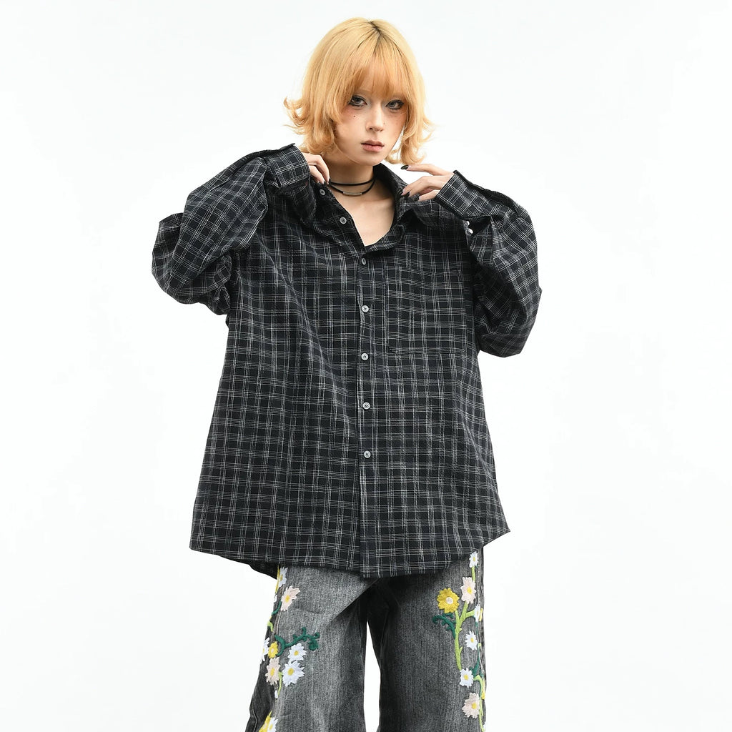 OV original American retro black checkered long sleeved shirt for women in spring, loose and high-end casual versatile shirt for men