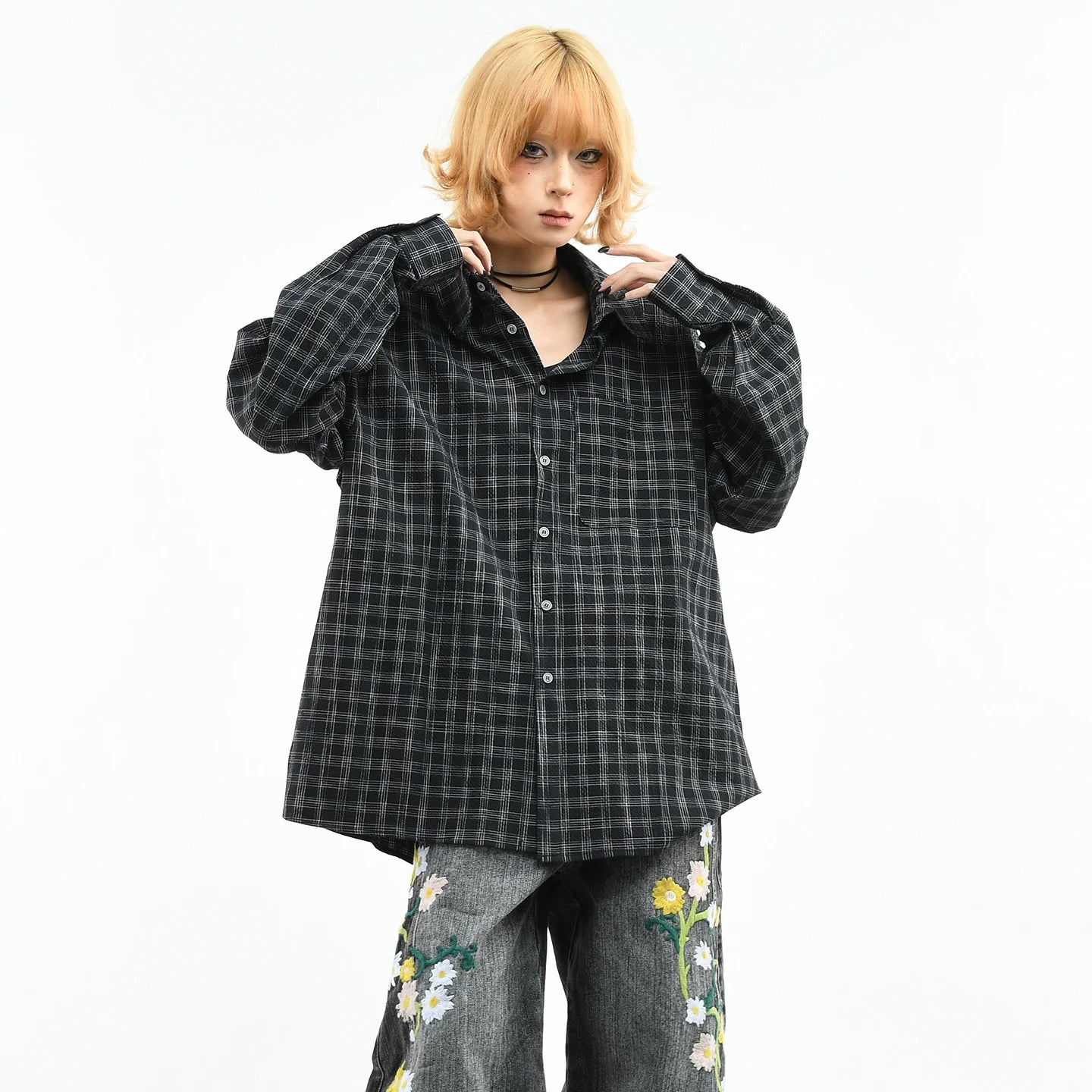 OV original American retro black checkered long sleeved shirt for women in spring, loose and high-end casual versatile shirt for men