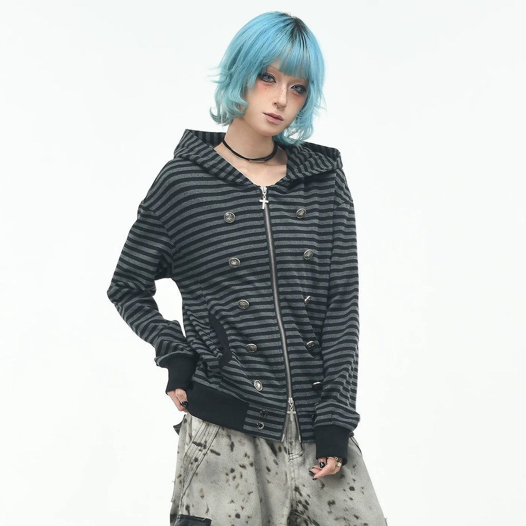 OV original subculture double breasted design striped hooded sweatshirt women's autumn slim fit short zipper cardigan jacket
