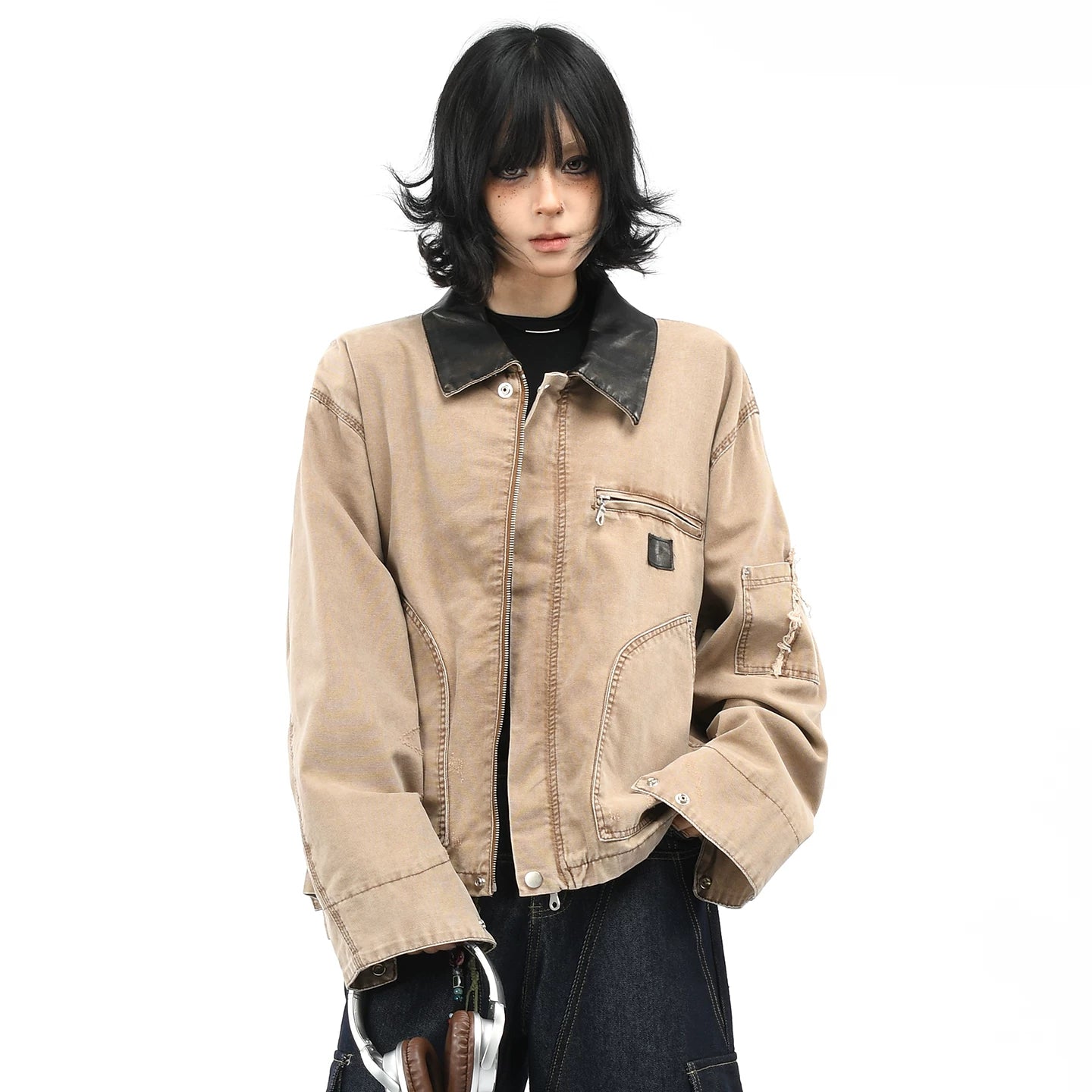 OV original American retro Detroit vintage washed workwear jacket, women's destructive design sense, autumn coat, men's trend