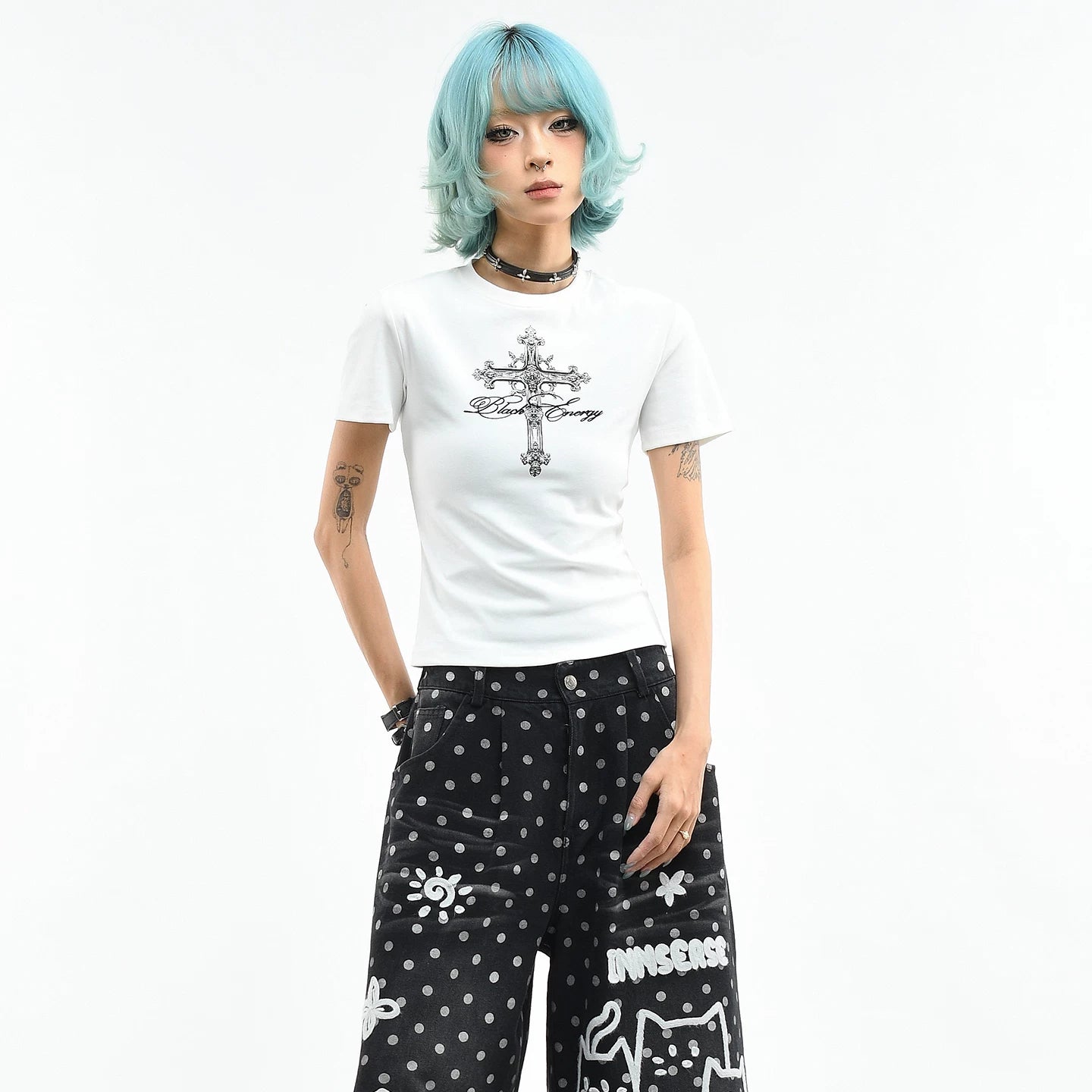 OV original/American style spicy girl cross print short sleeved T-shirt for women's summer slim fit short cut, slimming up straight shoulder top