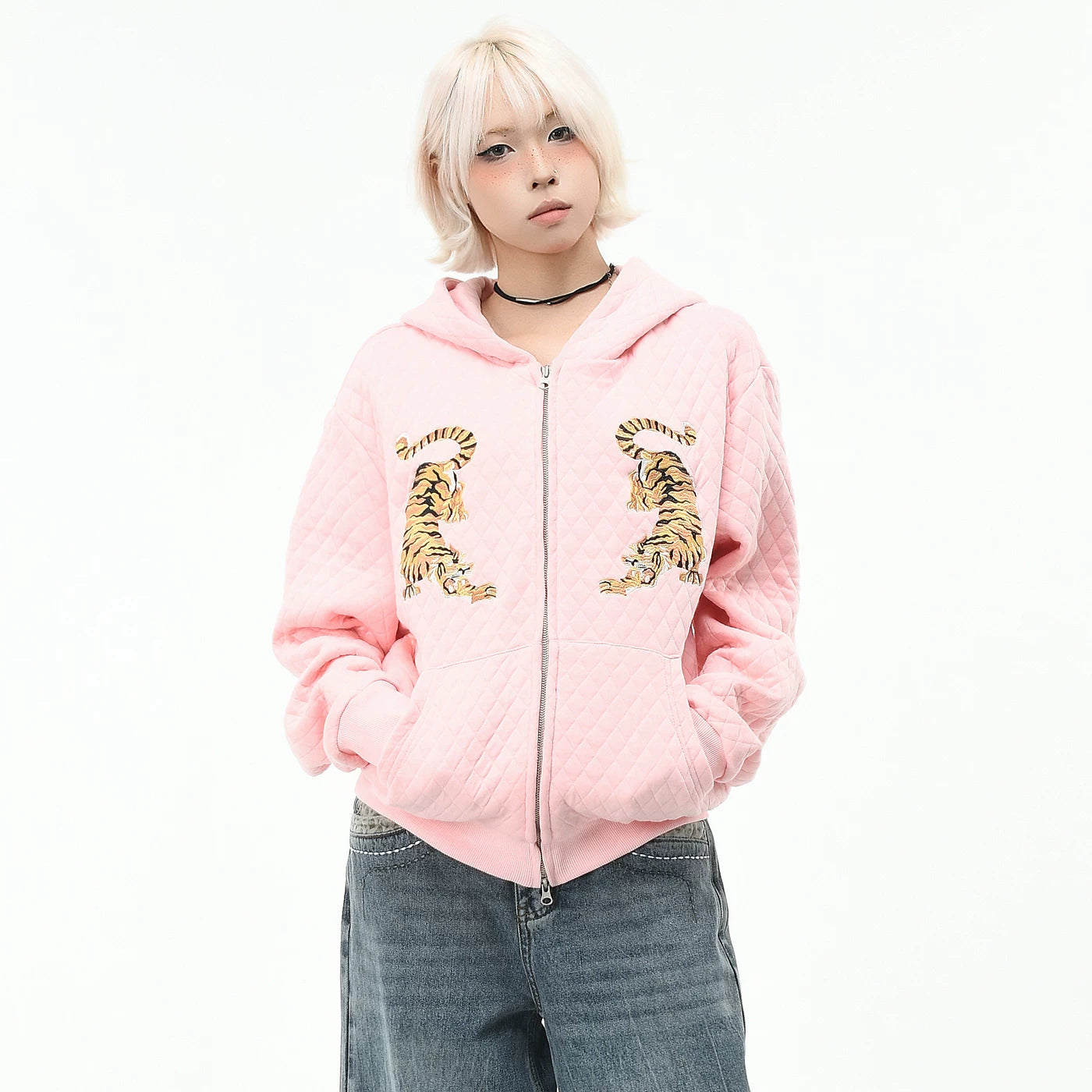 OV Original Trendy Brand Tiger Embroidery Diamond Grid Hoodie for Men and Women Autumn Street Loose Zipper cardigan Coat