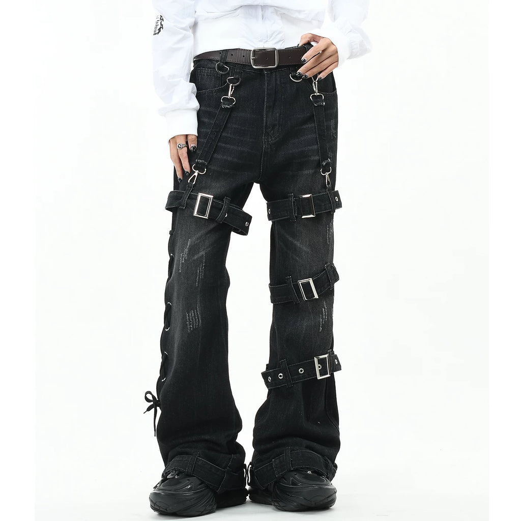 OV Original Punk Abi Style Strap Design Washed Jeans for Men and Women, Slim Fit, Micro Horn, Show Thin and Long Pants, Trendy