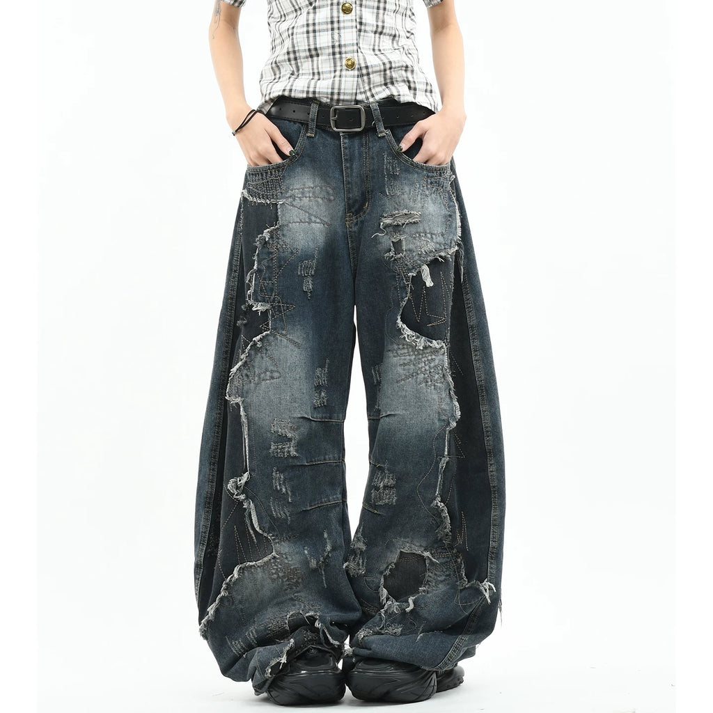 OV original American style random needle embroidery, vintage curved knife jeans, men's and women's destructive splicing, heavyweight loose wide leg pants