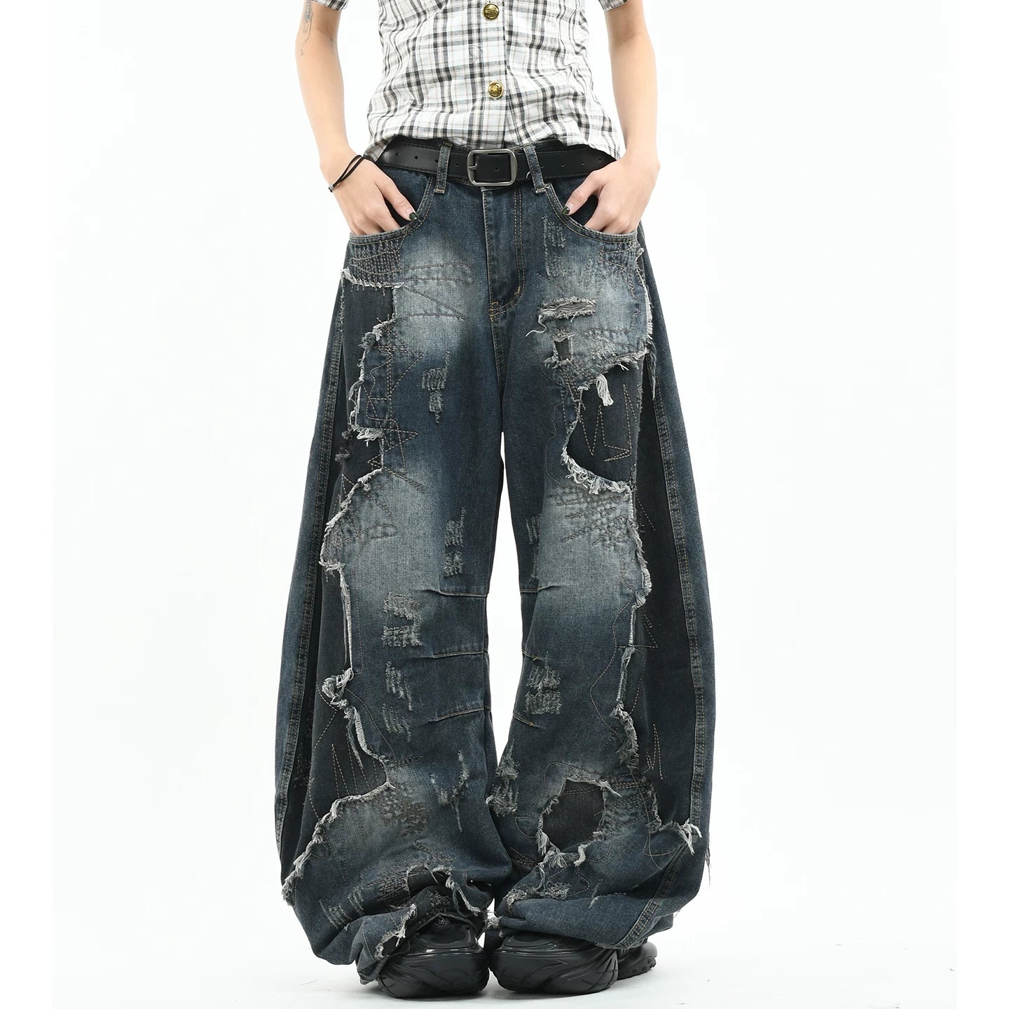 OV original American style random needle embroidery, vintage curved knife jeans, men's and women's destructive splicing, heavyweight loose wide leg pants