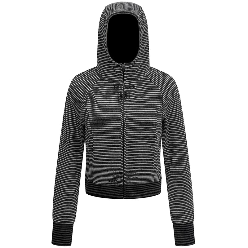 OV original American retro striped slim fit hooded sweatshirt for women's autumn street casual short cardigan jacket top