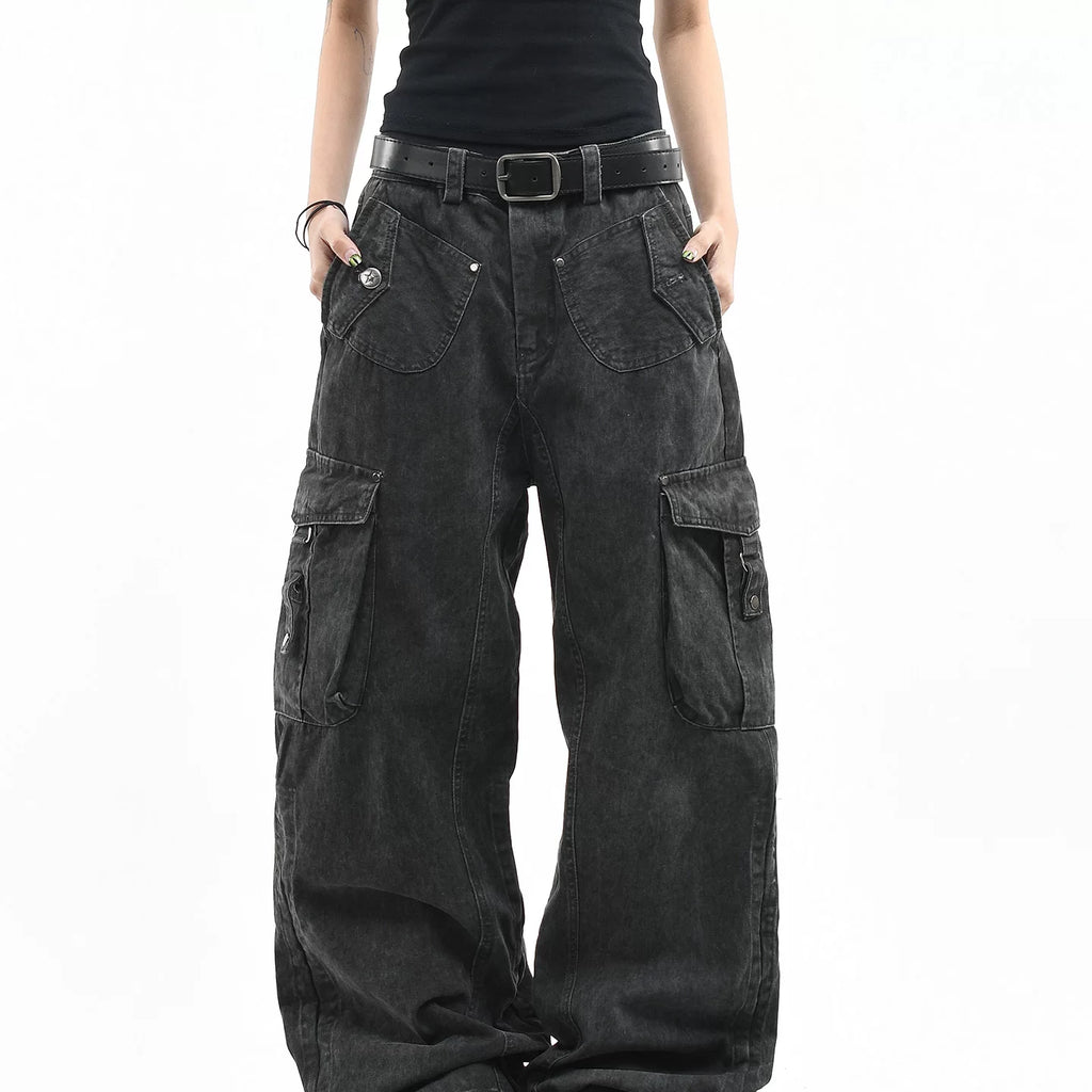 OV original American retro vintage washed multi pocket work pants for men and women, loose wide leg trendy brand couple long pants