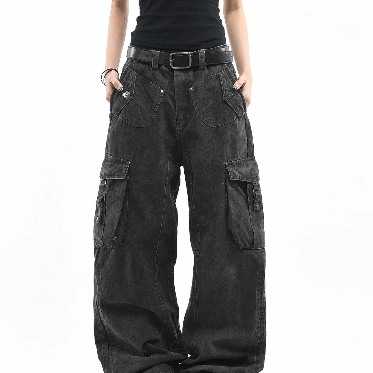 OV original American retro vintage washed multi pocket work pants for men and women, loose wide leg trendy brand couple long pants