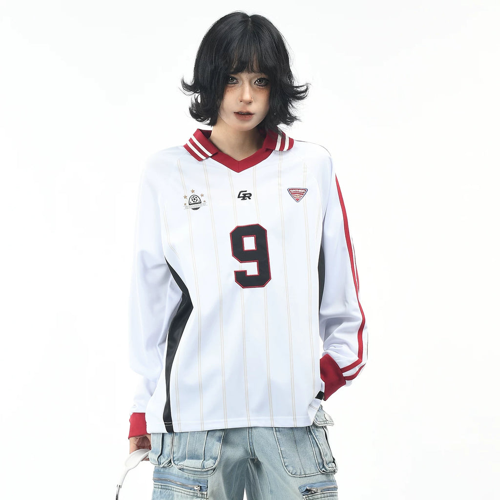 OV original American retro patchwork striped long sleeved T-shirt for men and women in autumn, loose contrasting color, digital embroidery V-neck jersey