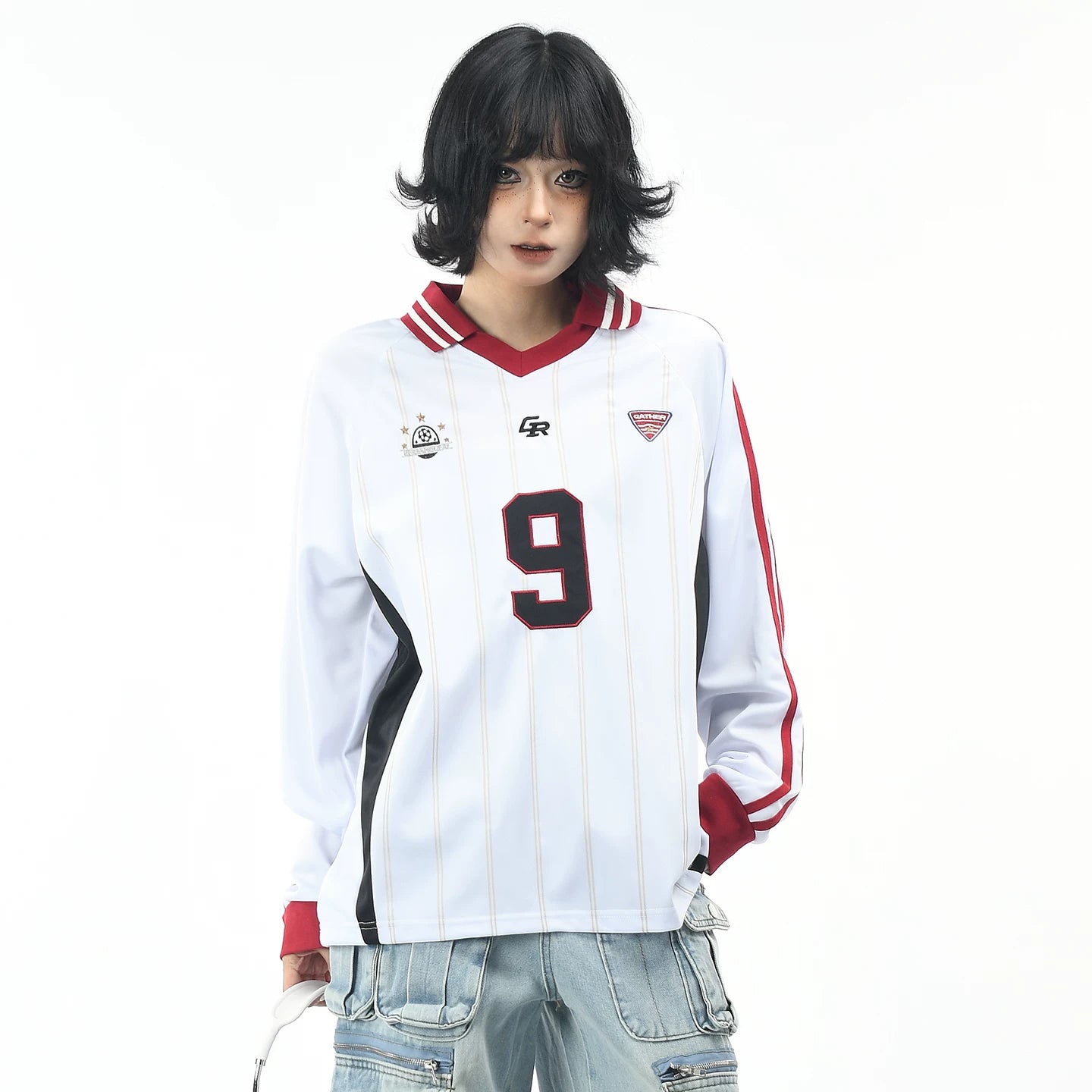 OV original American retro patchwork striped long sleeved T-shirt for men and women in autumn, loose contrasting color, digital embroidery V-neck jersey