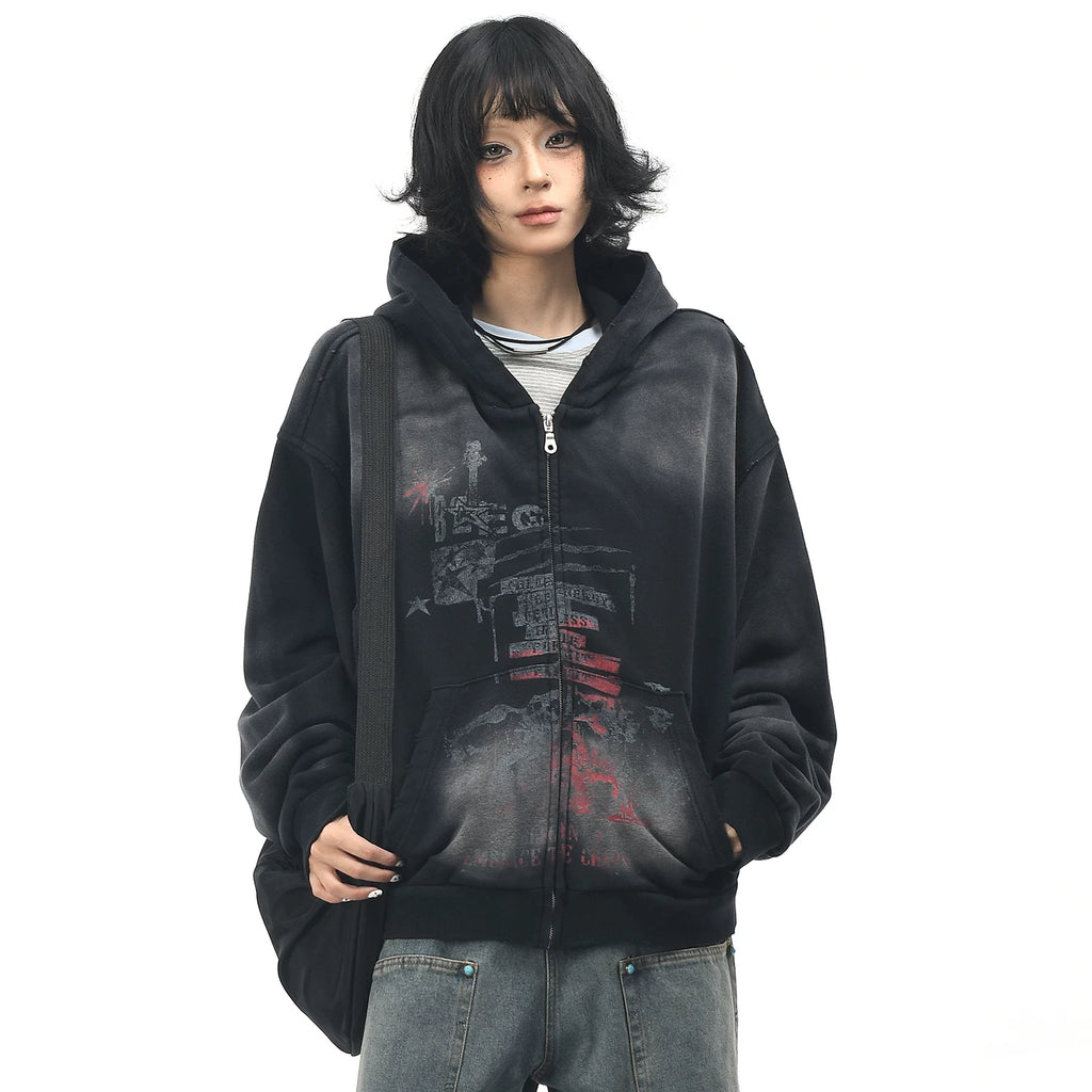 OV original American retro vintage washed zipper hooded sweatshirt women's autumn loose cardigan jacket men's boyfriend trendy brand