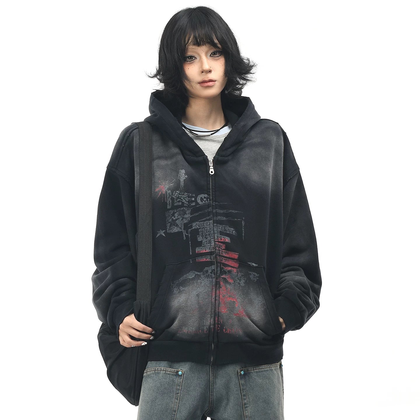 OV original American retro vintage washed zipper hooded sweatshirt women's autumn loose cardigan jacket men's boyfriend trendy brand