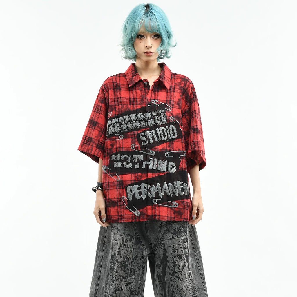 OV Original American Retro Checkered Pin Printed Short Sleeve Shirt for Women's Summer Loose Trendy Brand Casual Couple Top