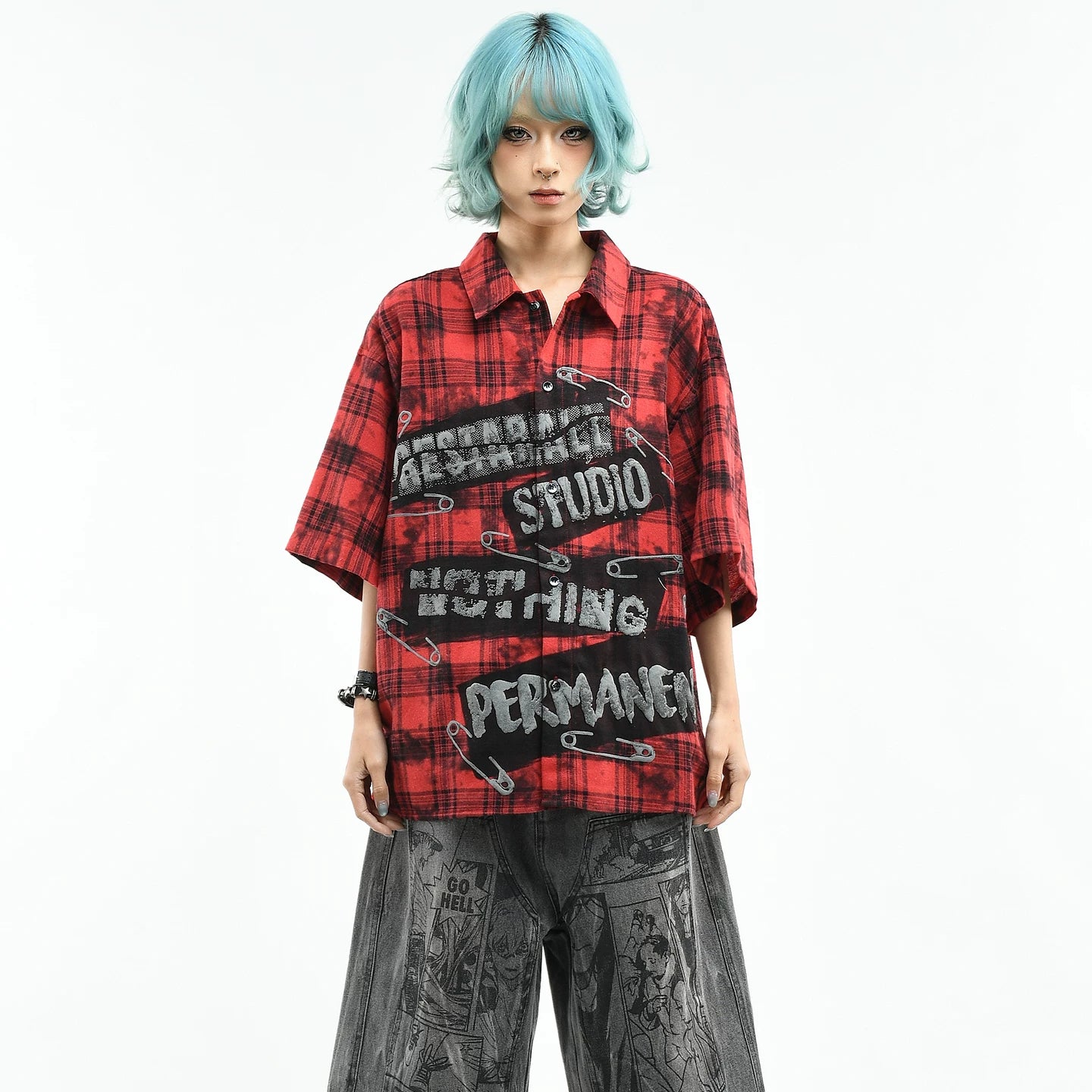 OV Original American Retro Checkered Pin Printed Short Sleeve Shirt for Women's Summer Loose Trendy Brand Casual Couple Top
