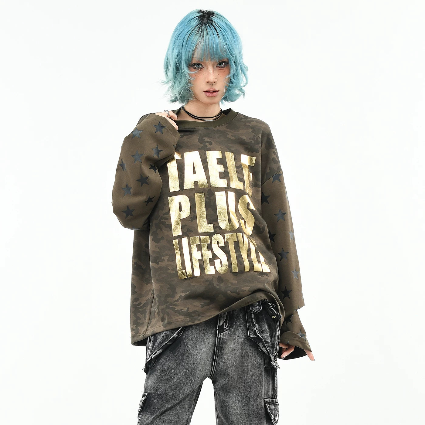 OV Original/American Retro Camouflage Hot Stamped Letter Long Sleeve T-shirt for Men and Women Autumn Trendy Brand Loose Shoulder Top Trendy
