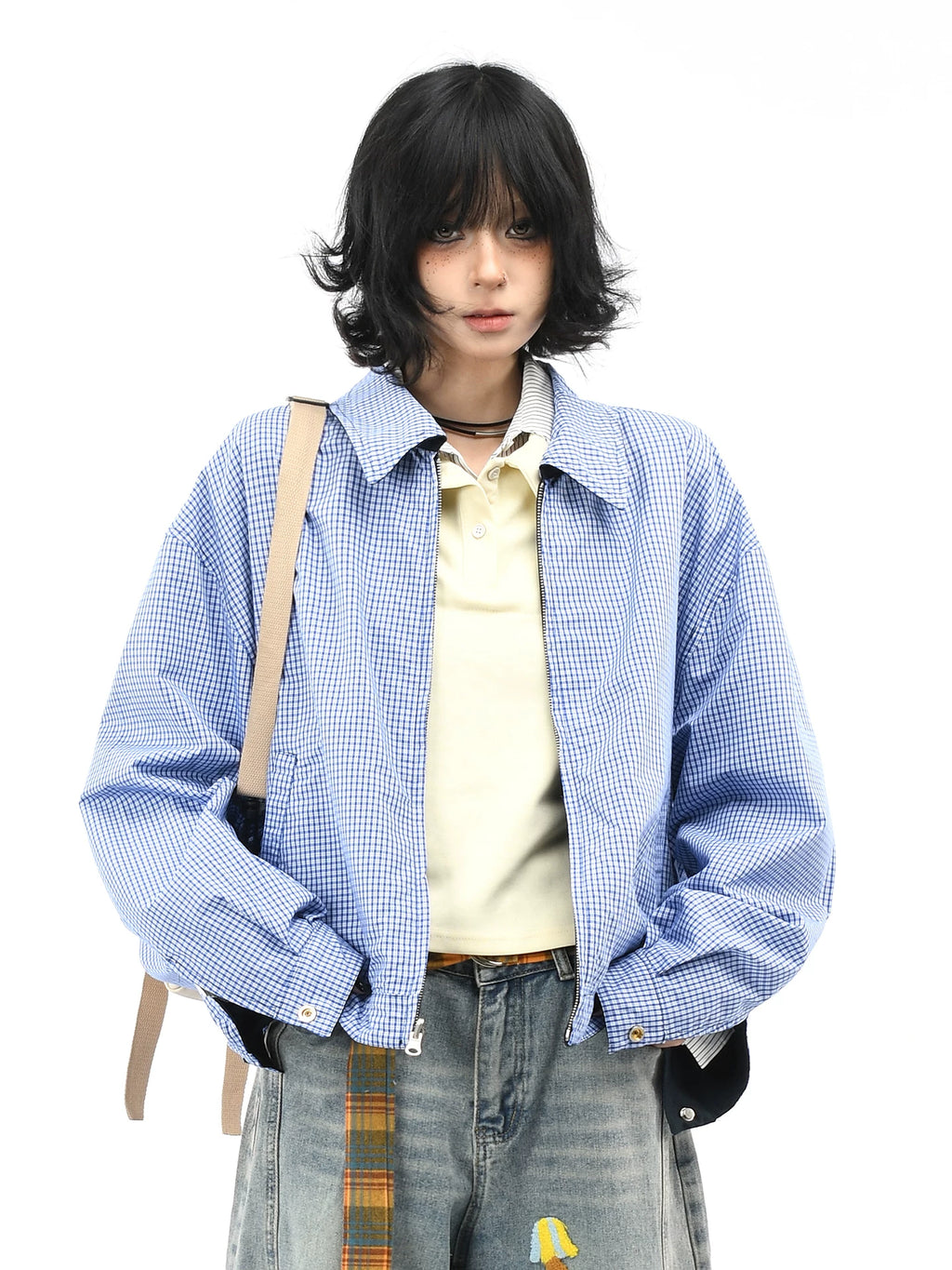 OV original American retro plaid double-sided jacket for men and women in autumn, small and loose casual short jacket trend