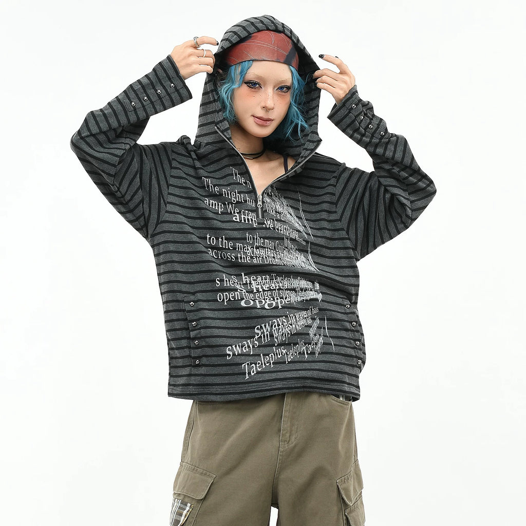 OV original/light punk style rivet stripe hooded long sleeved T-shirt for men and women in autumn loose half zip top trend
