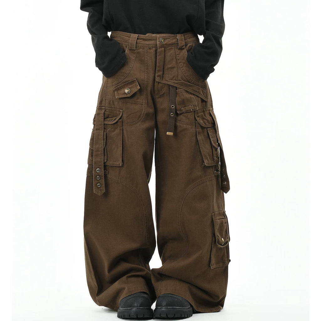OV original American style multi pocket ribbon functional work pants for women on the street, loose wide leg washed long pants for men, trendy