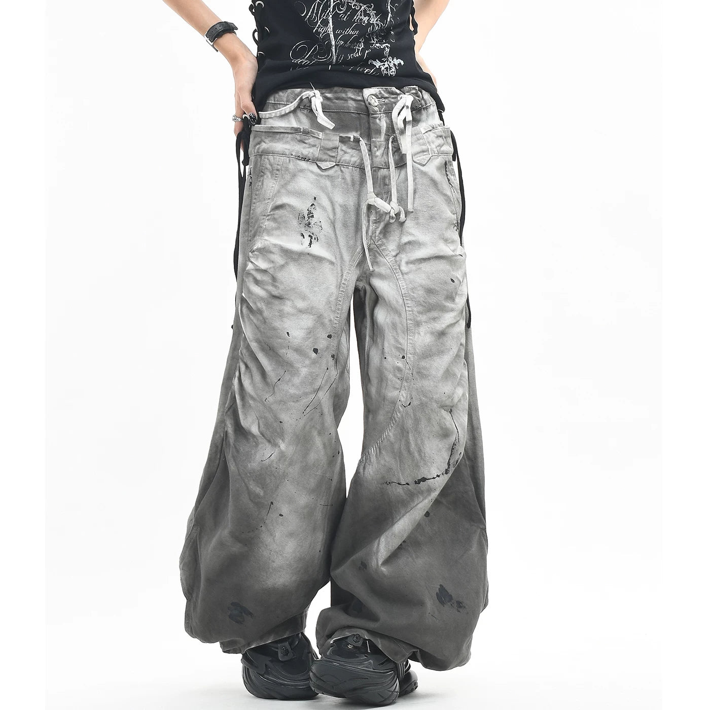 OV original light Asian wasteland style splashed ink dirty dye made old casual pants for men and women loose double waisted drawstring curved knife pants
