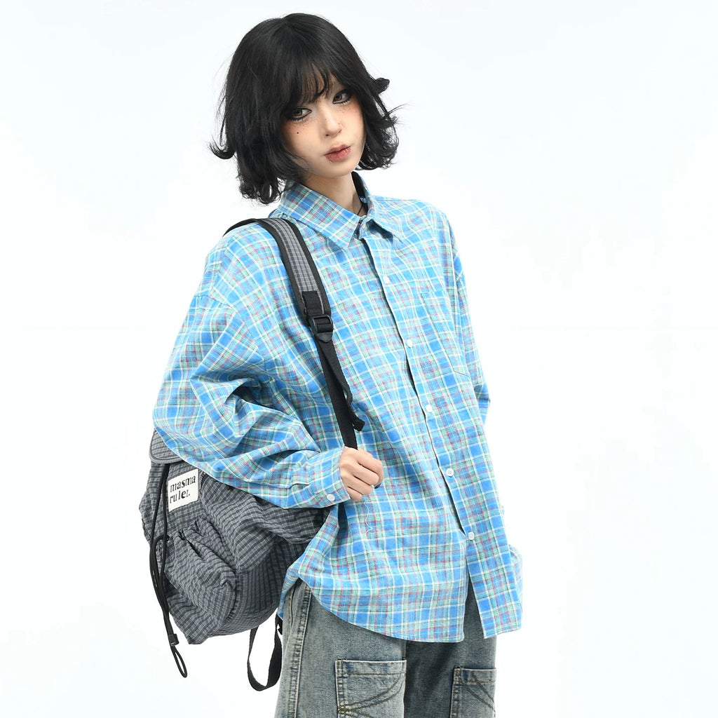 OV original American retro embroidered blue checkered shirt for men and women autumn street loose casual long sleeved shirt trend