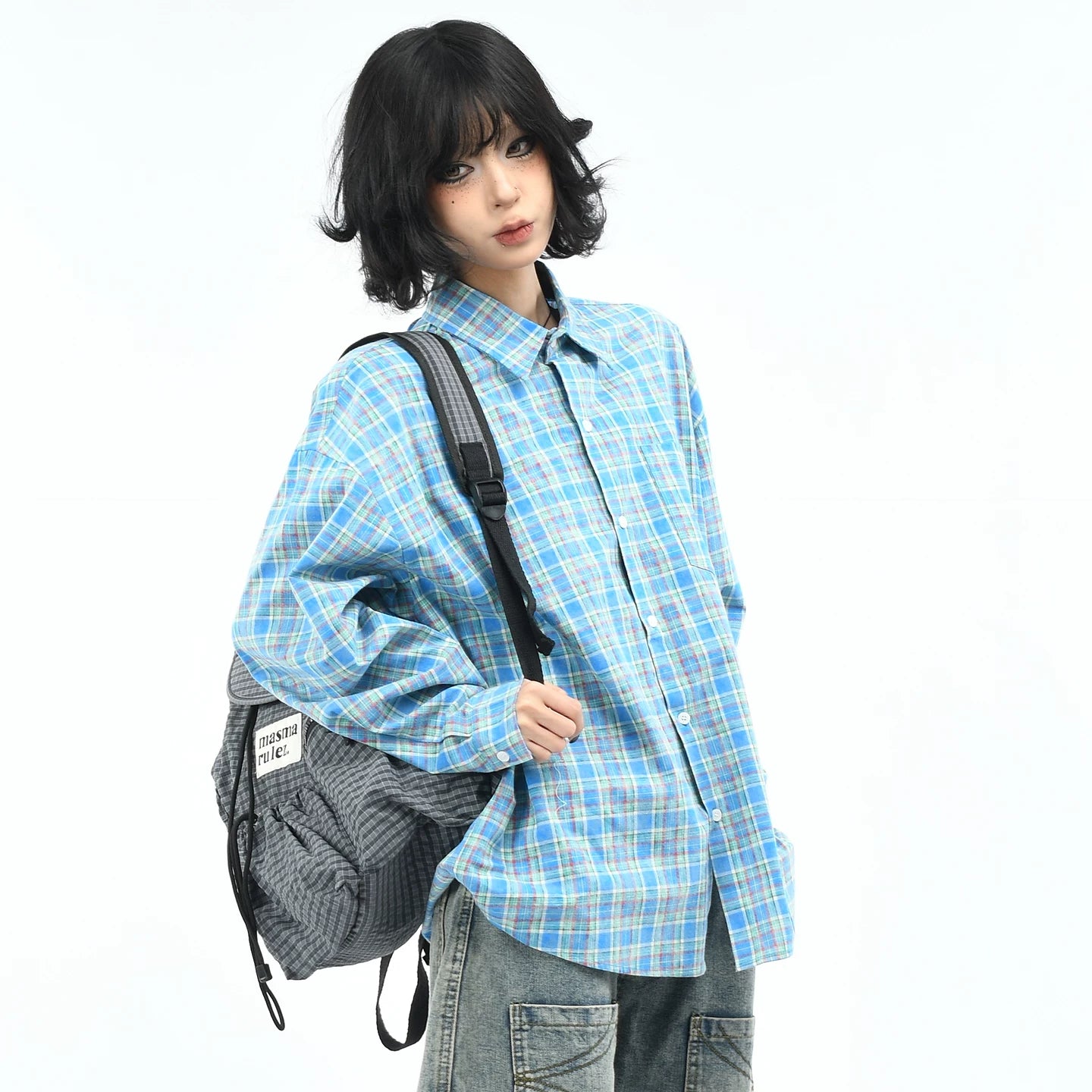 OV original American retro embroidered blue checkered shirt for men and women autumn street loose casual long sleeved shirt trend