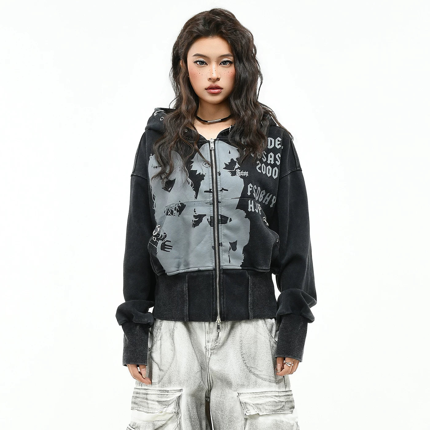 OV original subculture character print vintage hooded sweatshirt for women in autumn, loose short style, waist cinched cardigan jacket trend