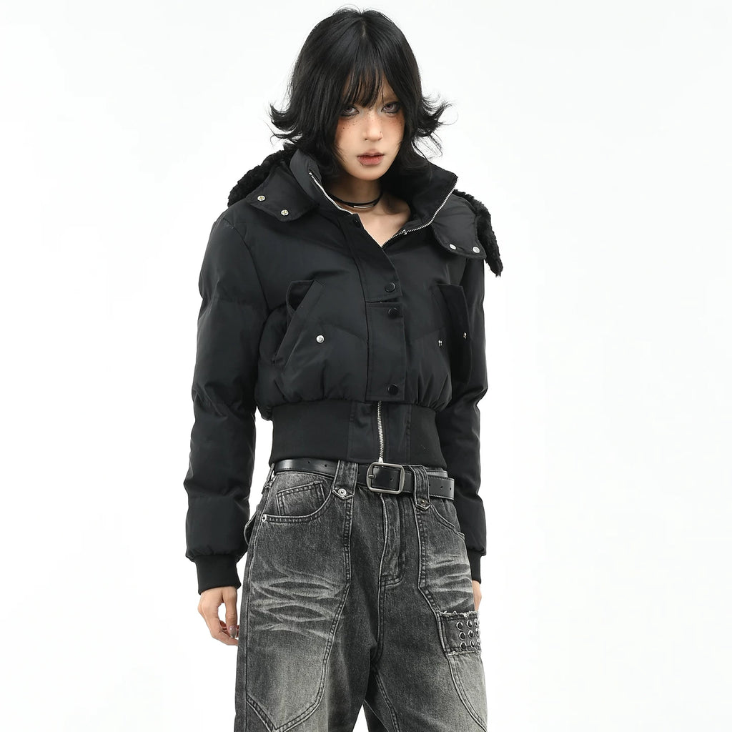 OV original American style widened thread waist design hooded cotton jacket women's winter short style slimming cotton jacket