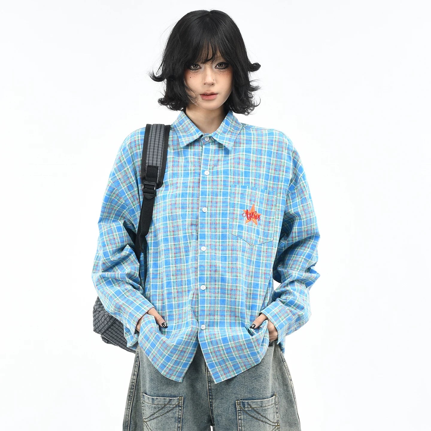 OV original American retro embroidered blue checkered shirt for men and women autumn street loose casual long sleeved shirt trend