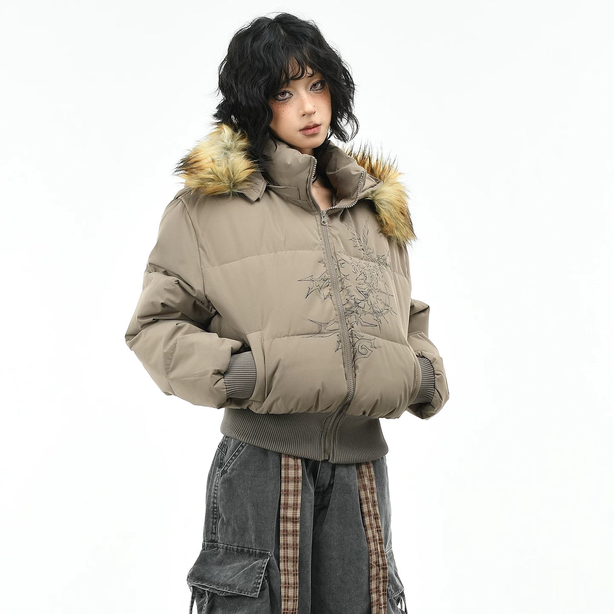 OV original American style fur collar, detachable waist, hood, cotton jacket, women's winter short style, slim and warm, cotton jacket, trendy