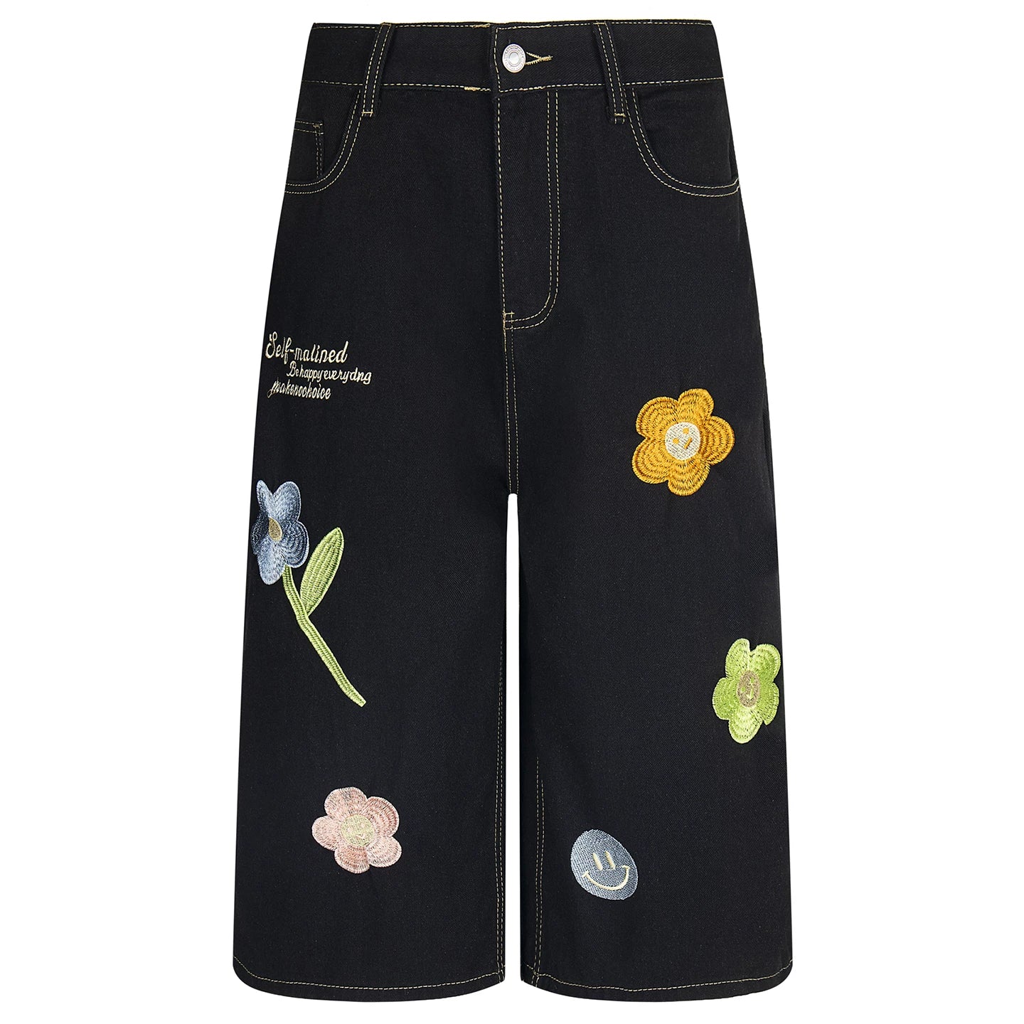 OV original American cropped pants with floral embroidery, washed denim, men's and women's summer retro loose shorts trend