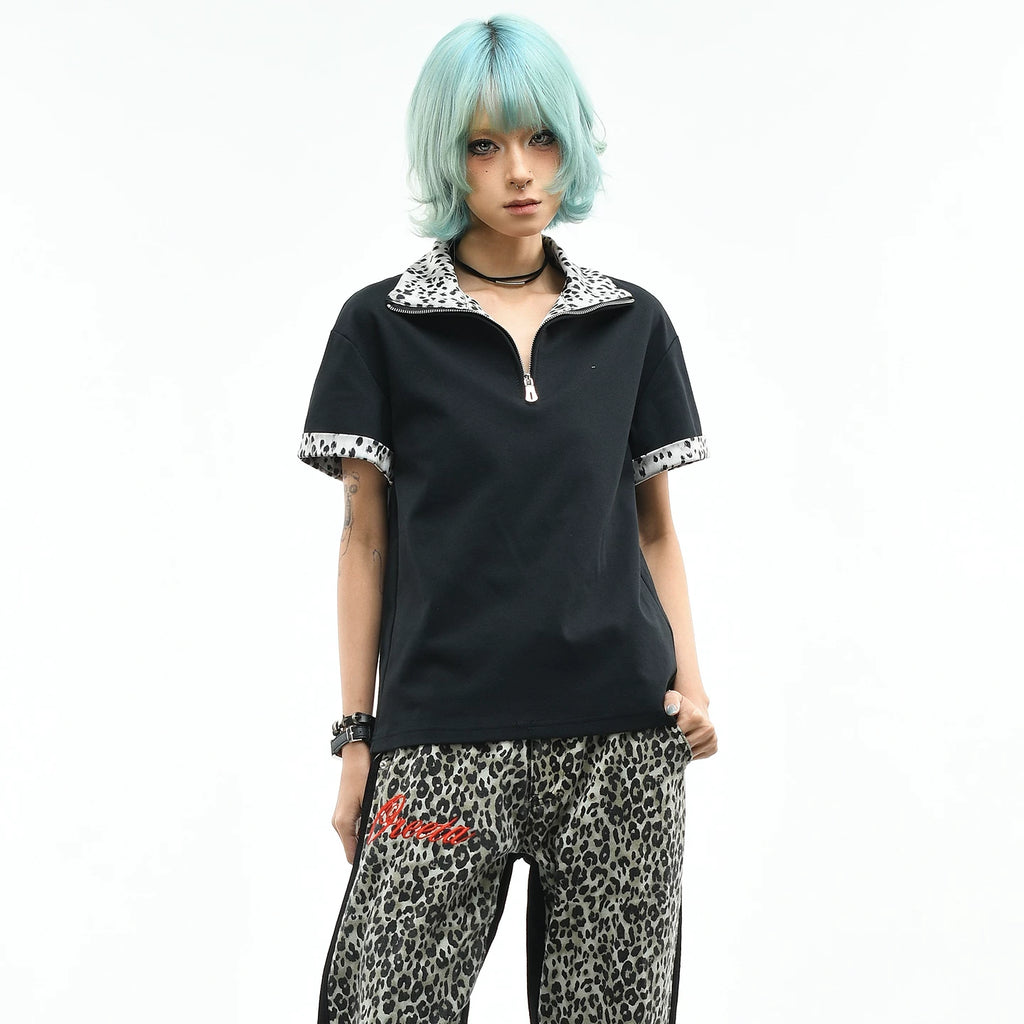 OV original/American leopard print spliced half zipper short sleeved polo shirt for women's summer slim fit short design, front shoulder slimming T-shirt
