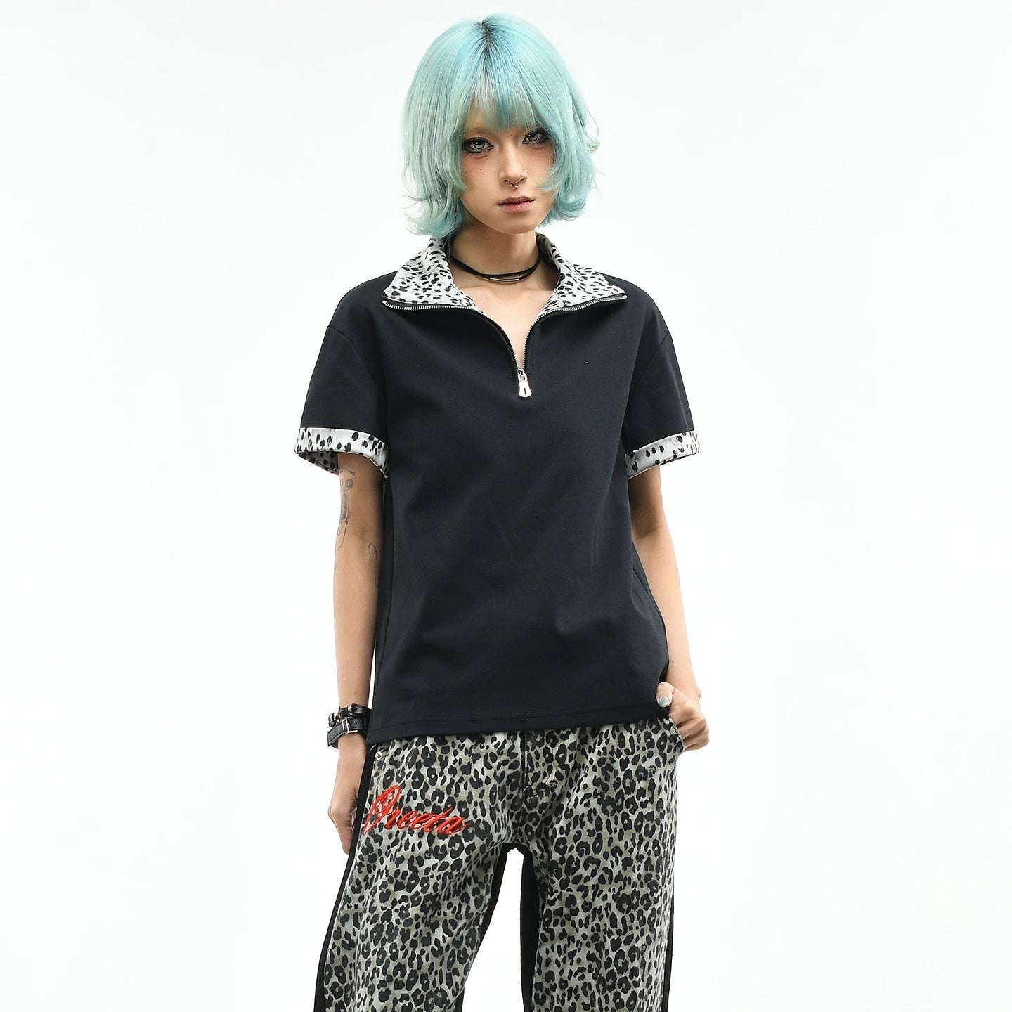 OV original/American leopard print spliced half zipper short sleeved polo shirt for women's summer slim fit short design, front shoulder slimming T-shirt