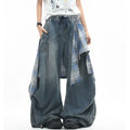 OV original American plaid fart curtain, detachable and layered jeans for men and women, loose and wide leg pleats, worn pants, trendy