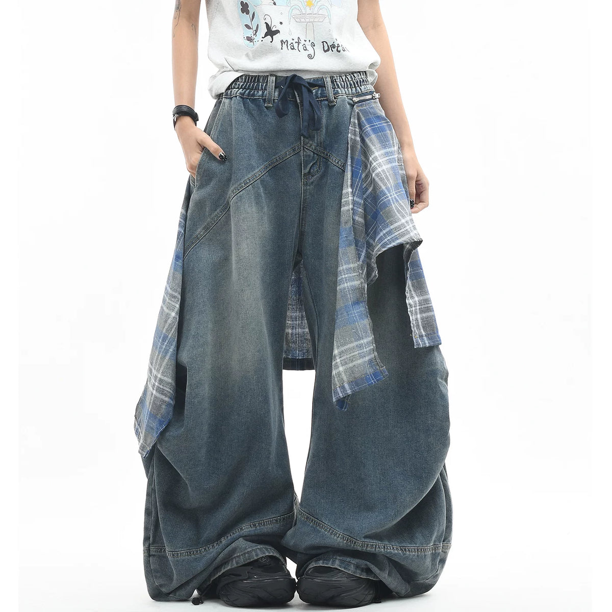 OV original American plaid fart curtain, detachable and layered jeans for men and women, loose and wide leg pleats, worn pants, trendy