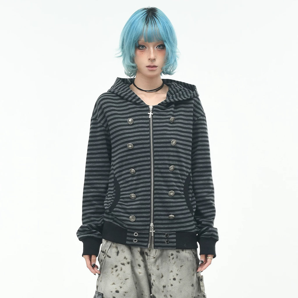OV original subculture double breasted design striped hooded sweatshirt women's autumn slim fit short zipper cardigan jacket
